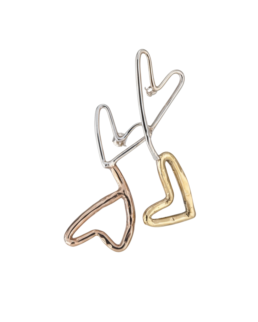 Orecchini a cuore in bronzo giallo, argento e bronzo rosa.